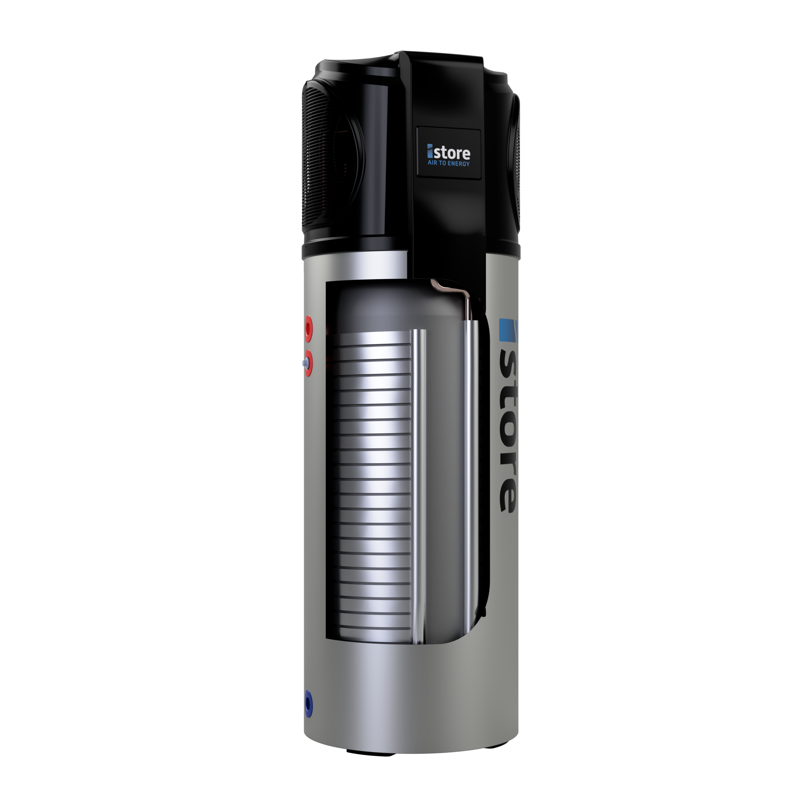 Cutaway view showing the internal heat-pump components of an iStore hot-water system