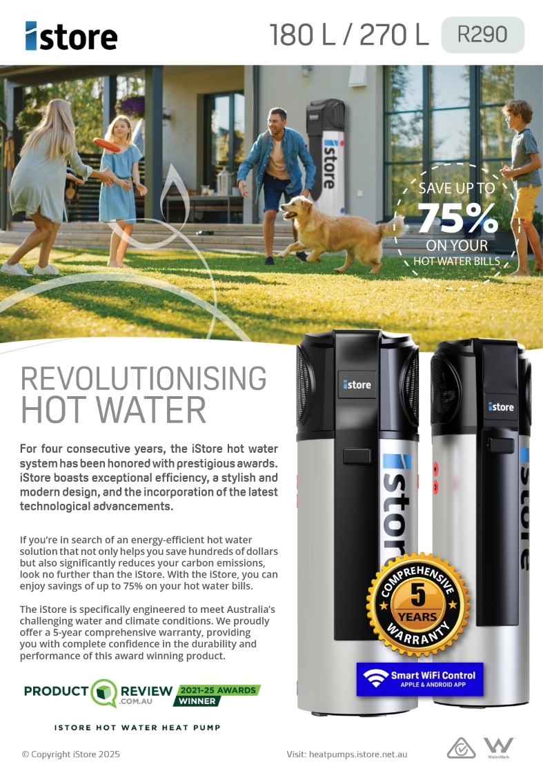 Cover of the current iStore 180L and 270L heat pump product brochure